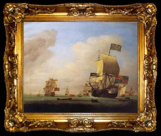 framed  Monamy, Peter Flagship of Sir John Leake,coming to anchor in the bay of Barcelona, ta009-2